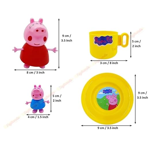 Size dimensions of Peppa Pig figurines, tea cup and plate