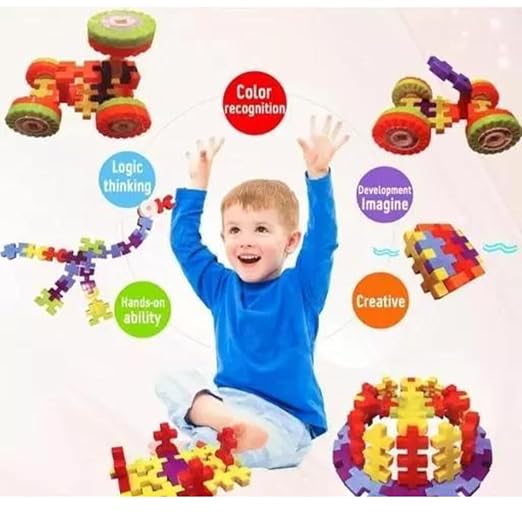 Child playing with Imagination Blocks showing colour recognition, logic and creativity