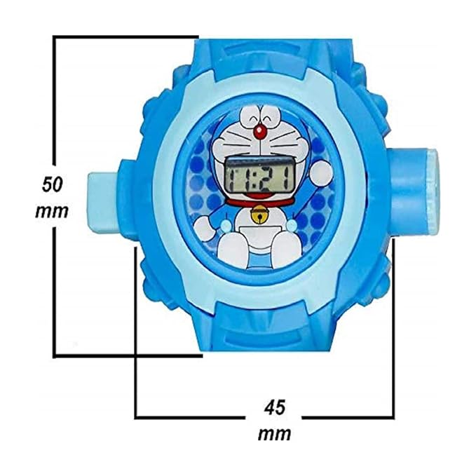 Doraemon watch showing dimensions 50mm x 45mm with projection mode activated