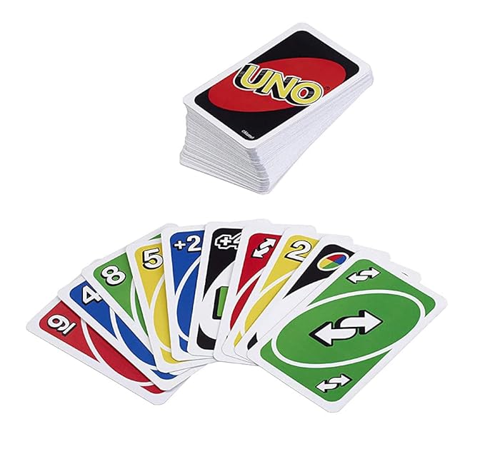 UNO card deck with fanned out coloured number and action cards on white background
