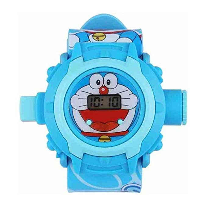 Doraemon digital projection watch front view showing LCD display and blue Doraemon face