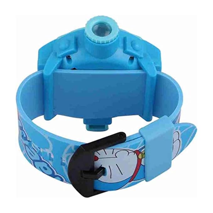 Back view of Doraemon watch showing projector lens and adjustable buckle strap