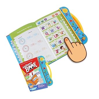 Child touching Intelligence Book interactive page showing alphabet and numbers