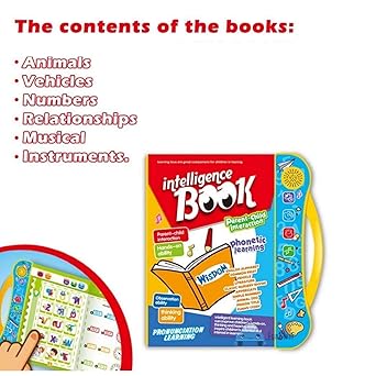 Intelligence Book cover showing 6 content categories: animals, vehicles, numbers, relationships, musical and instruments