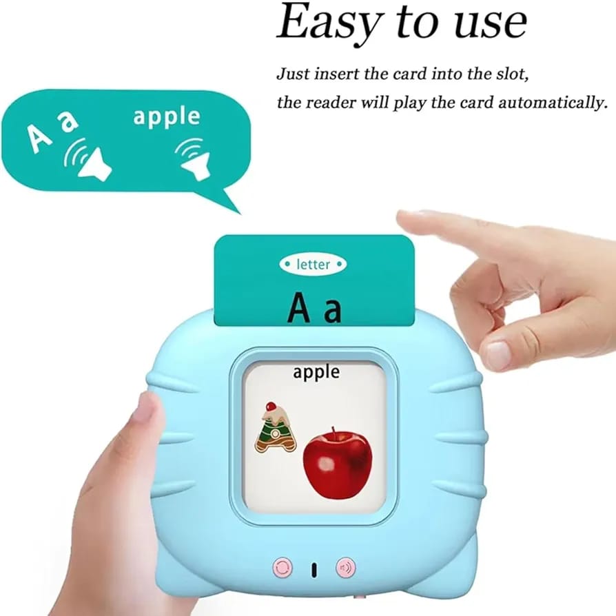 Blue talking flash card reader in hands showing letter A apple card being inserted