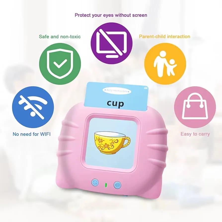 Pink talking flash card reader showing key features: safe, no WiFi, screen-free, portable
