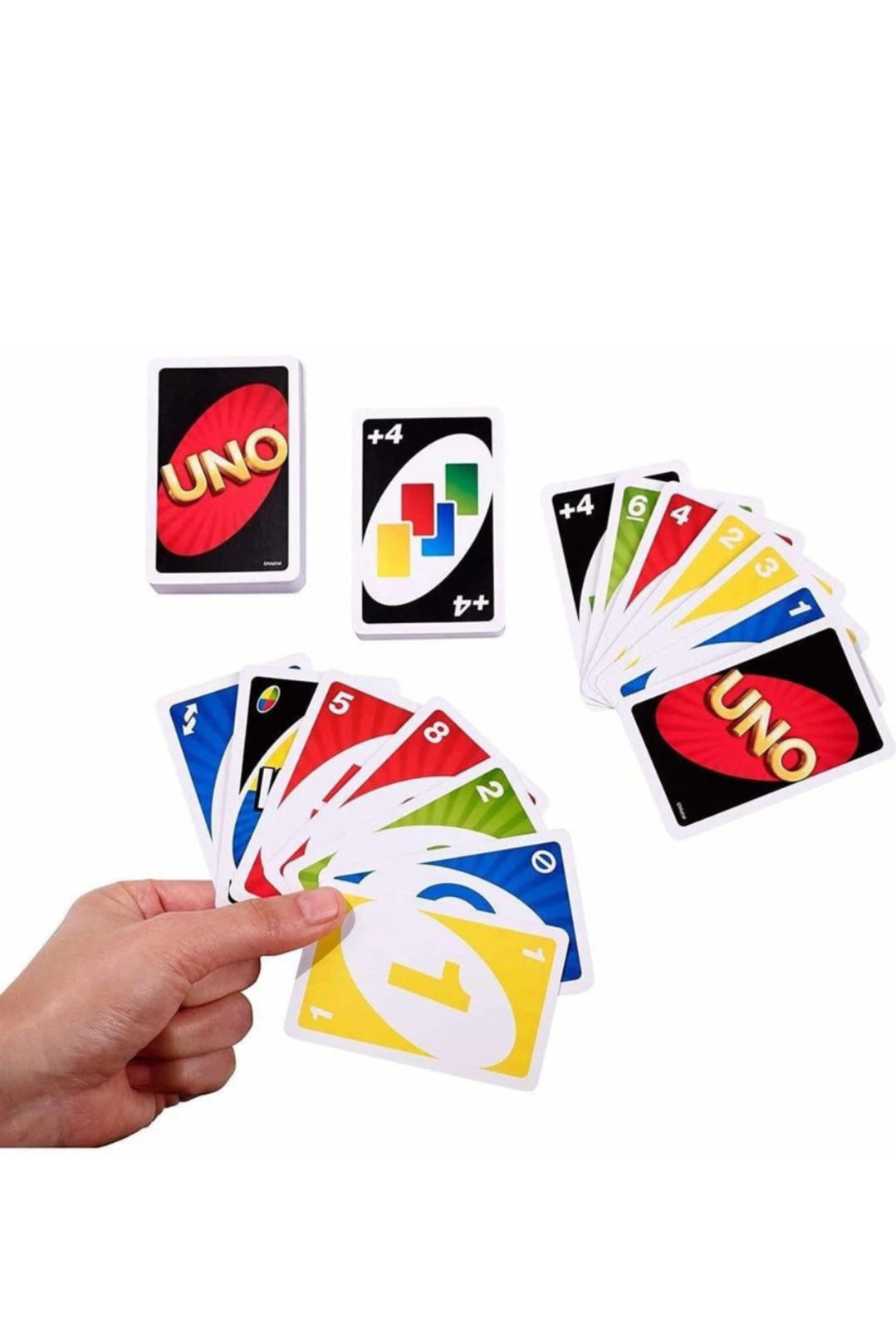 Hand holding UNO cards mid-game showing Wild Draw Four and numbered cards